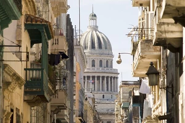 A view of the Capitolio seen through the streets of Habana Vieja (old town)