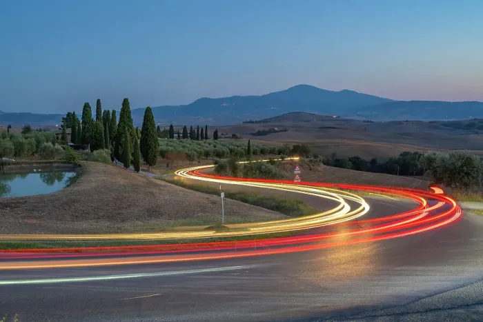 Framed Print : View of car trail lights in Tuscan landscape near Pienza at dusk, Pienza, Province of Siena, Tuscany, Italy, Europe Framed Print : View of car trail lights in Tuscan landscape near Pienza at dusk, Pienza, Province of Siena, Tuscany, Italy, Europe