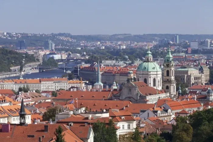 Framed Print : View from Castle District (Hradcany) to Mala Strana suburb with Dome and Tower of St. Nicholas Church and Vltava River, Prague, Bohemia, Czech Republic, Europe Framed Print : View from Castle District (Hradcany) to Mala Strana suburb with Dome and Tower of St. Nicholas Church and Vltava River, Prague, Bohemia, Czech Republic, Europe