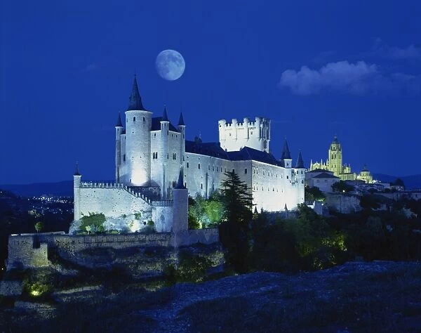View of castle illuminated, Segovia, Spain, Europe