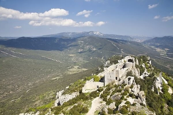 View of the Cathar castle of Peyrepertuse in Languedoc-Roussillon, France, Europe