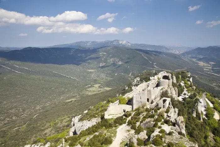Framed Print : View of the Cathar castle of Peyrepertuse in Languedoc-Roussillon, France, Europe Framed Print : View of the Cathar castle of Peyrepertuse in Languedoc-Roussillon, France, Europe