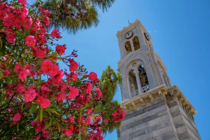 Framed Print : View of Cathedral belltower of Kalimnos, Kalimnos, Dodecanese Islands, Greek Islands, Greece, Europe