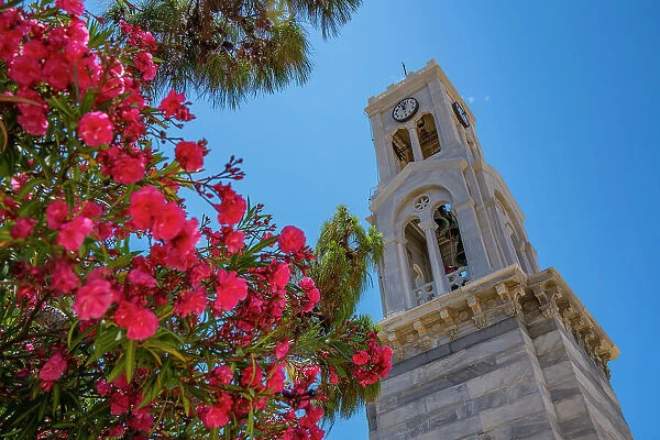 View of Cathedral belltower of Kalimnos, Kalimnos, Dodecanese Islands, Greek Islands, Greece, Europe