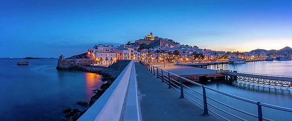 View of Cathedral and Dalt Vila from harbour at dusk, UNESCO World Heritage Site, Ibiza Town, Eivissa, Balearic Islands, Spain, Mediterranean, Europe