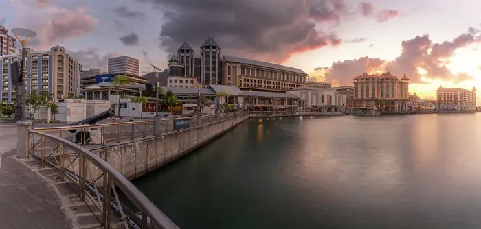 Framed Print : View of Caudan Waterfront in Port Louis at dusk, Port Louis, Mauritius, Indian Ocean, Africa