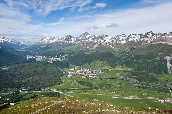 View of Celerina and St. Moritz from top of Muottas Muragl, Switzerland, Europe