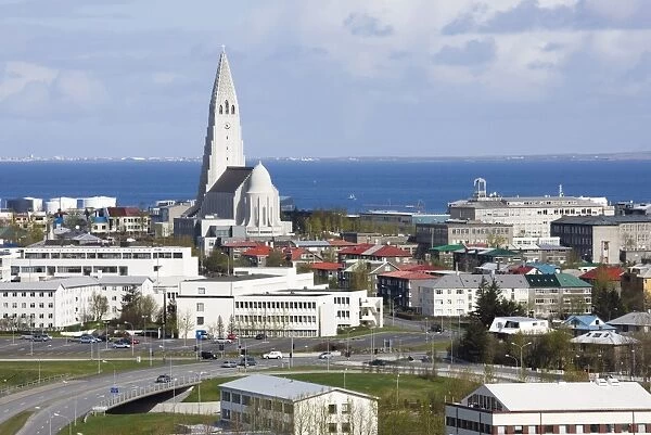 View of central Reykjavik from Perlan showing the modern church of Hallgrimskirkja