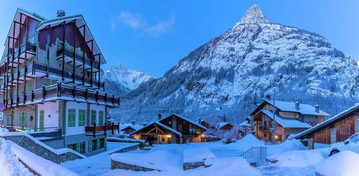 Framed Print : View of chalets and snow covered mountains in Courmayeur before dawn in winter, Courmayeur, Aosta Valley, Italian Alps, Italy Framed Print : View of chalets and snow covered mountains in Courmayeur before dawn in winter, Courmayeur, Aosta Valley, Italian Alps, Italy