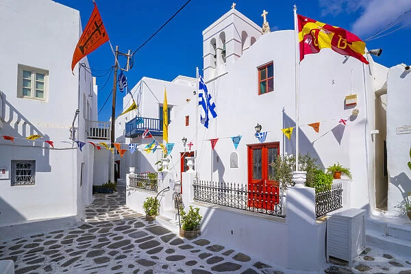View of chapel and whitewashed narrow street, Mykonos Town, Mykonos, Cyclades Islands