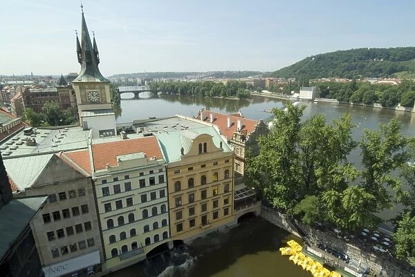 View from Charles Bridge overlooking Prague and Vltava River, Czech Republic, Europe