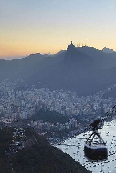 View of Christ the Redeemer statue and Botafogo Bay from Sugar Loaf Mountain, Rio de Janeiro, Brazil, South America