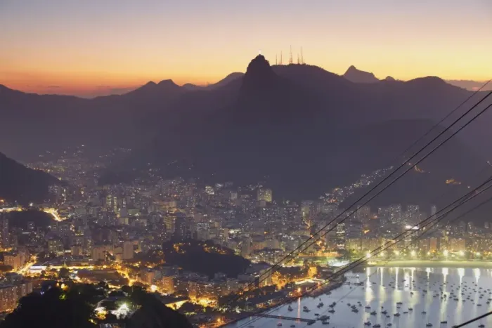 Framed Print : View of Christ the Redeemer statue and Botafogo Bay at sunset from Sugar Loaf Mountain, Rio de Janeiro, Brazil, South America Framed Print : View of Christ the Redeemer statue and Botafogo Bay at sunset from Sugar Loaf Mountain, Rio de Janeiro, Brazil, South America