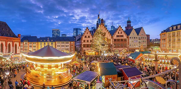 View of Christmas Market on Roemerberg Square from elevated position at dusk, Frankfurt am Main, Hesse, Germany, Europe