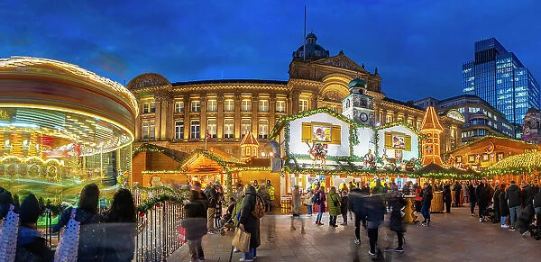 View of Christmas Market stalls in Victoria Square at dusk, Birmingham, West Midlands, England, United Kingdom, Europe