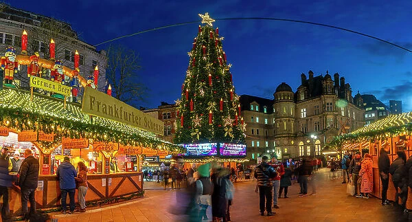 View of Christmas Market stalls in Victoria Square at dusk, Birmingham, West Midlands, England, United Kingdom, Europe