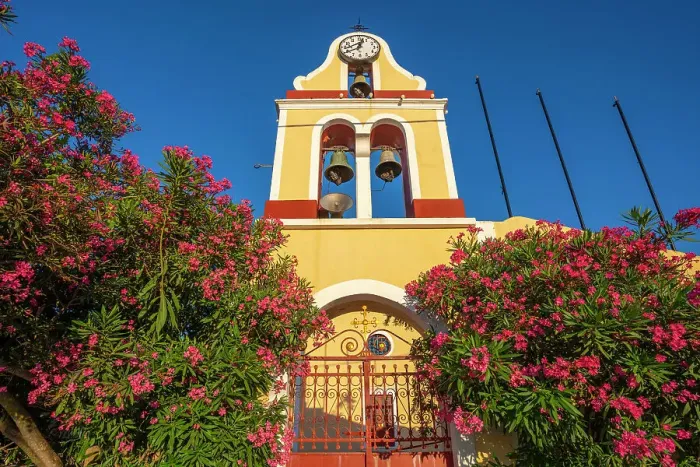 Framed Print : View of church bell tower overlooking Fiscardo harbour, Fiscardo, Kefalonia, Ionian Islands, Greek Islands, Greece, Europe Framed Print : View of church bell tower overlooking Fiscardo harbour, Fiscardo, Kefalonia, Ionian Islands, Greek Islands, Greece, Europe