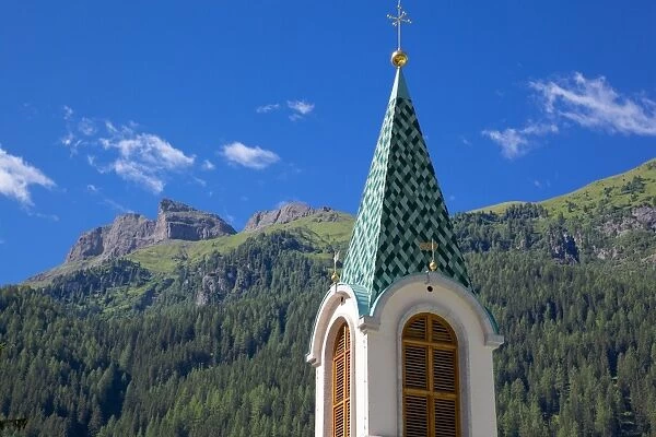 View over church, Canazei, Val di Fassa, Trentino-Alto Adige, Italy, Europe