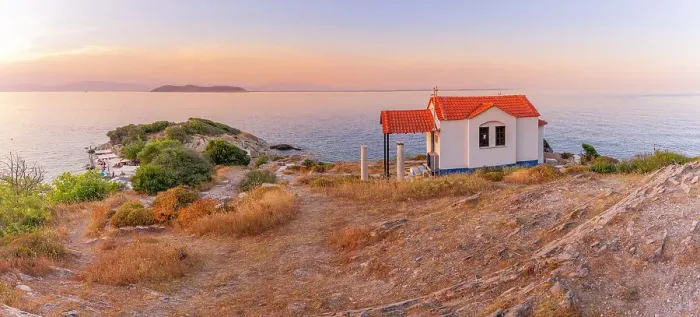 Framed Print : View of Church of the Holy Apostles in Thassos Town at sunset, Thassos, Aegean Sea, Greek Islands, Greece, Europe Framed Print : View of Church of the Holy Apostles in Thassos Town at sunset, Thassos, Aegean Sea, Greek Islands, Greece, Europe