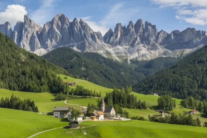 Framed Print : View of Church and mountain backdrop, Val di Funes, Bolzano Province, Trentino-Alto Framed Print : View of Church and mountain backdrop, Val di Funes, Bolzano Province, Trentino-Alto
