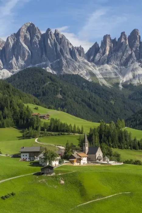 Framed Print : View of Church and mountain backdrop, Val di Funes, Bolzano Province, Trentino-Alto Framed Print : View of Church and mountain backdrop, Val di Funes, Bolzano Province, Trentino-Alto