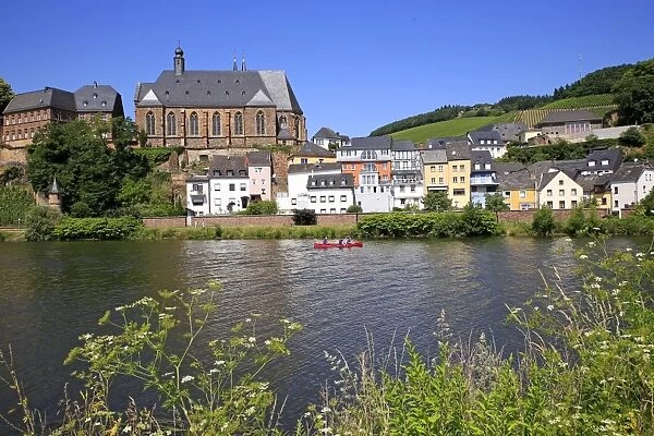 View towards Church of St. Lawrence in Saarburg on River Saar, Rhineland-Palatinate