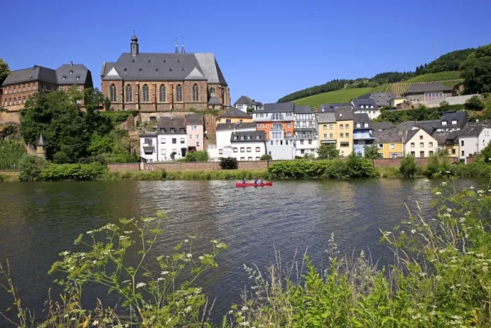 Framed Print : View towards Church of St. Lawrence in Saarburg on River Saar, Rhineland-Palatinate Framed Print : View towards Church of St. Lawrence in Saarburg on River Saar, Rhineland-Palatinate