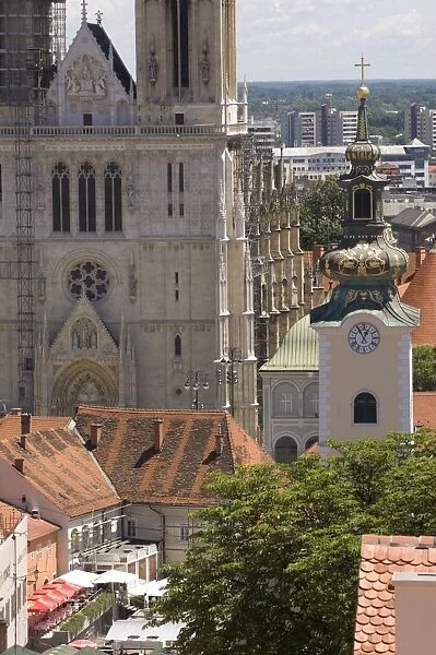 View towards the Church of St. Mary and The Cathedral, Zagreb, Croatia, Europe