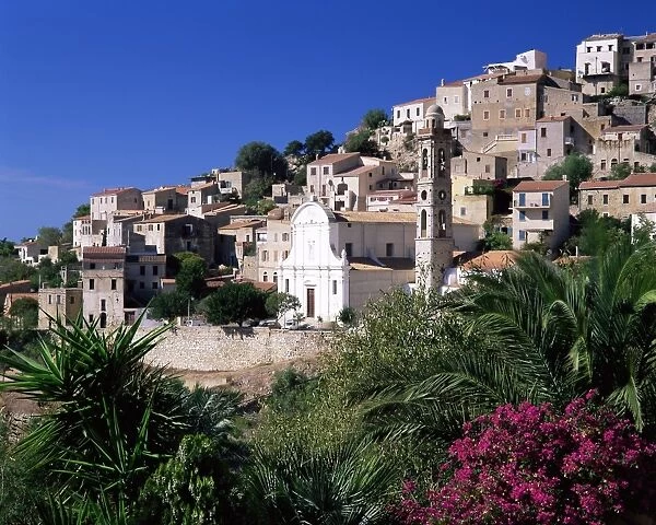 View of church and village on hillside, Lumio, near Calvi, Haute-Corse