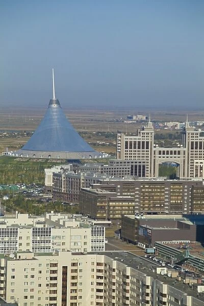 View of city center, looking towards KazMunaiGas building, and Khan Shatyr entertainment center, Astana, Kazakhstan, Central Asia, Asia