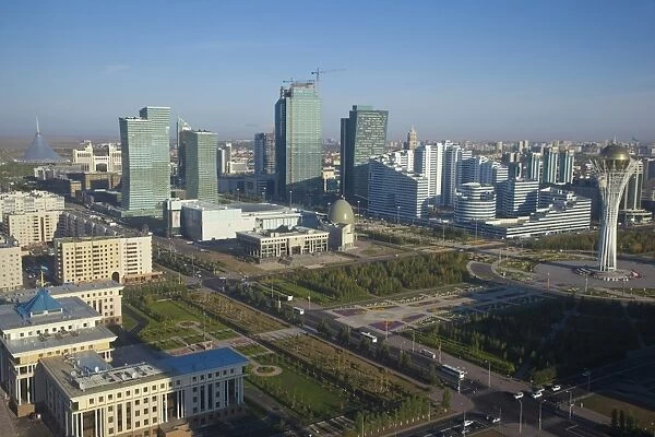 View of city center looking towards Nurzhol bulvar, central boulevard of the new governmental and administrative zone and the Bayterek Tower, with the Khan Shatyr shopping and entertainment center on the left, Astana, Kazakhstan, Central Asia, Asia