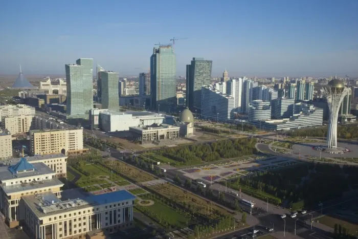 Framed Print : View of city center looking towards Nurzhol bulvar, central boulevard of the new governmental and administrative zone and the Bayterek Tower, with the Khan Shatyr shopping and entertainment center on the left, Astana, Kazakhstan, Central Asia, Asia