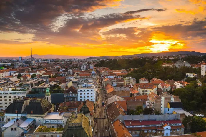 Framed Print : View of the city at dusk, Zagreb, Croatia, Europe Framed Print : View of the city at dusk, Zagreb, Croatia, Europe