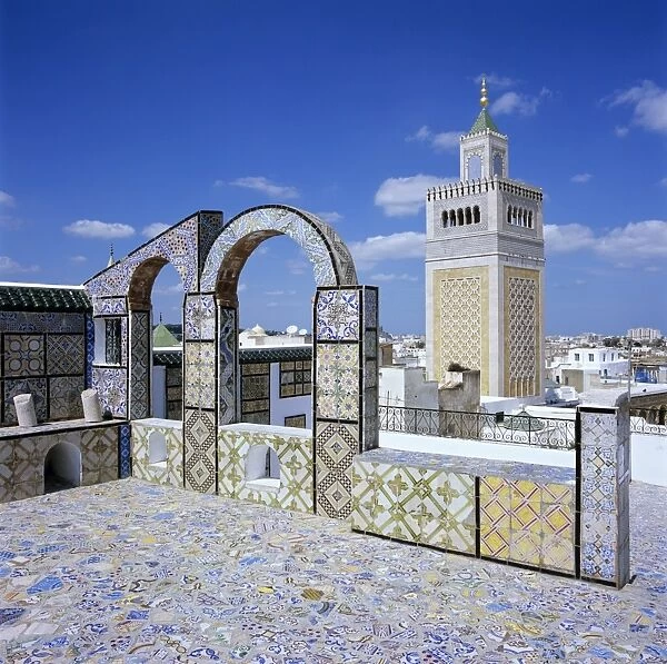 View over city and Great Mosque from tiled roof top, Tunis, Tunisia, North Africa, Africa