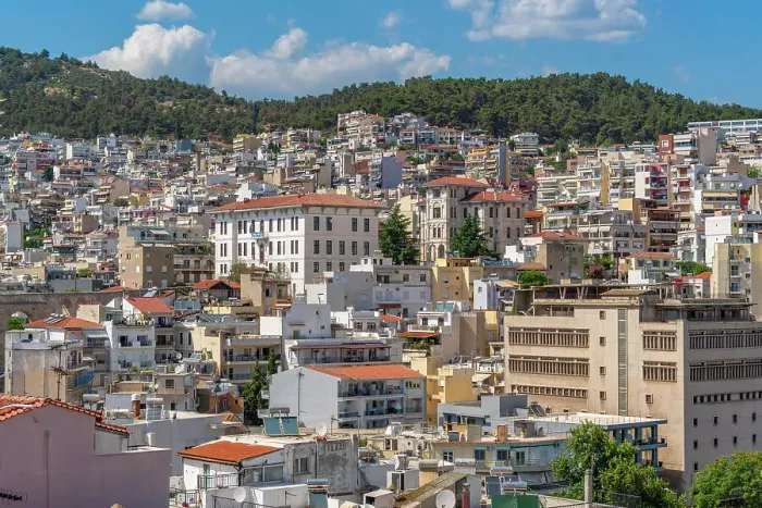Framed Print : View of city of Kavala, Dimos Kavalas, Eastern Macedonia and Thrace, Gulf of Thasos, Gulf of Kavala, Thracian Sea, Greece, Europe
