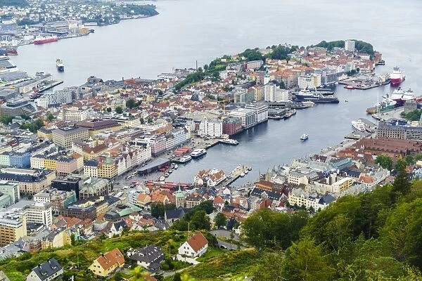 View over the city from Mount Floyen, Bergen, Norway, Scandinavia, Europe