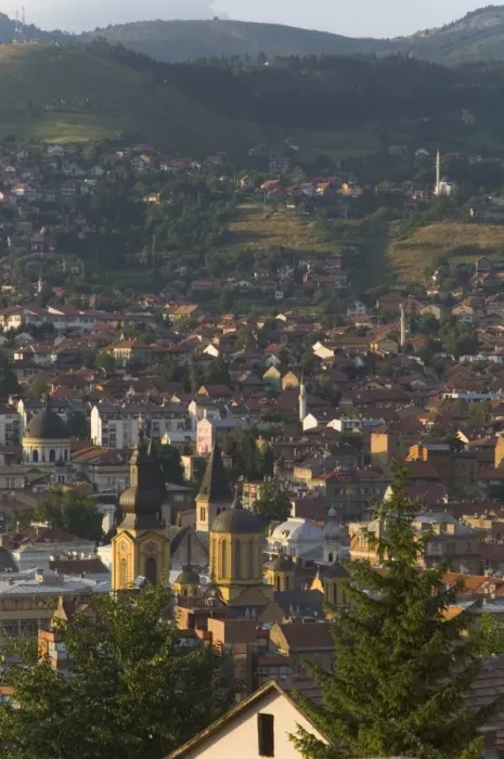 Framed Print : View over city with Orthodox cathedral in foreground, Sarajevo, Bosnia Framed Print : View over city with Orthodox cathedral in foreground, Sarajevo, Bosnia