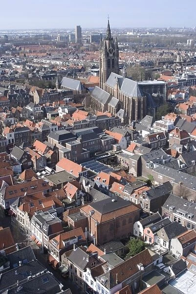 View over the city and the Oude Kerk (Old Church) from the viewing platform of the Nieuwe Kerk (New Church), Delft, Netherlands, Europe