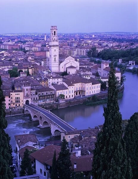 View over the city with Ponte Pietra and River Adige at dawn, Verona, UNESCO World Heritage Site, Veneto, Italy, Europe