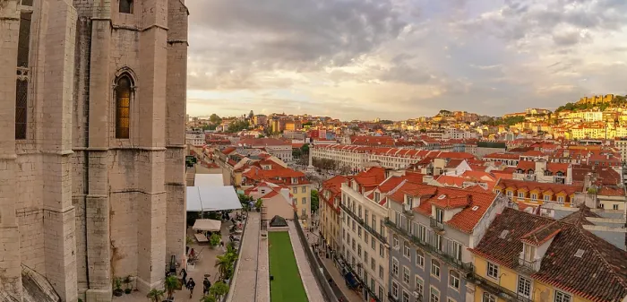 Framed Print : View of city rooftops and Carmo Archaeological Museum from Santa Justa Lift during golden hour, Lisbon, Portugal, Europe Framed Print : View of city rooftops and Carmo Archaeological Museum from Santa Justa Lift during golden hour, Lisbon, Portugal, Europe