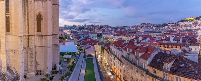 Framed Print : View of city rooftops and Carmo Archaeological Museum from Santa Justa Lift at sunset, Lisbon, Portugal, Europe