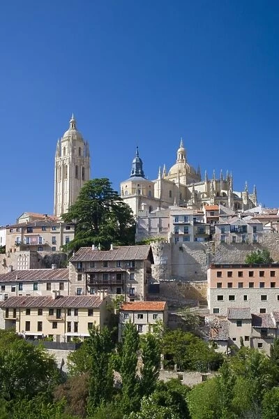 View across city rooftops to the cathedral, Segovia, Castilla y Leon, Spain, Europe