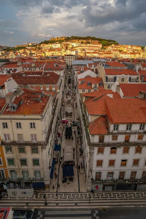 Framed Print : View of city rooftops and Lisbon Castle from Santa Justa Lift during golden hour, Lisbon, Portugal, Europe Framed Print : View of city rooftops and Lisbon Castle from Santa Justa Lift during golden hour, Lisbon, Portugal, Europe