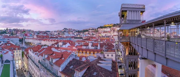 Framed Print : View of city rooftops and Santa Justa Lift from Carmo Archaeological Museum at dusk, Lisbon, Portugal, Europe Framed Print : View of city rooftops and Santa Justa Lift from Carmo Archaeological Museum at dusk, Lisbon, Portugal, Europe