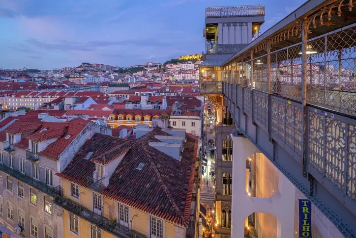Framed Print : View of city rooftops and Santa Justa Lift from Carmo Archaeological Museum at dusk, Lisbon, Portugal, Europe Framed Print : View of city rooftops and Santa Justa Lift from Carmo Archaeological Museum at dusk, Lisbon, Portugal, Europe