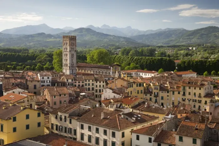 Framed Print : View over city to San Frediano from atop Torre Guinigi, Lucca, Tuscany, Italy, Europe