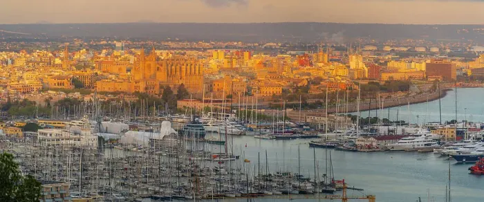 Framed Print : View of city skyline of Palma and cathedral from Castell de Bellver at sunset, Majorca, Balearic Islands, Spain, Mediterranean, Europe Framed Print : View of city skyline of Palma and cathedral from Castell de Bellver at sunset, Majorca, Balearic Islands, Spain, Mediterranean, Europe