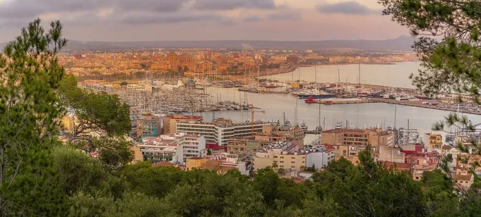 Framed Print : View of city skyline of Palma and cathedral from Castell de Bellver at sunset, Majorca, Balearic Islands, Spain, Mediterranean, Europe Framed Print : View of city skyline of Palma and cathedral from Castell de Bellver at sunset, Majorca, Balearic Islands, Spain, Mediterranean, Europe