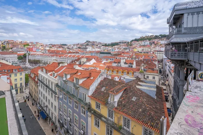 Framed Print : View of city skyline and Santa Justa Lift from Carmo Archaeological Museum on a sunny day, Lisbon, Portugal, Europe Framed Print : View of city skyline and Santa Justa Lift from Carmo Archaeological Museum on a sunny day, Lisbon, Portugal, Europe