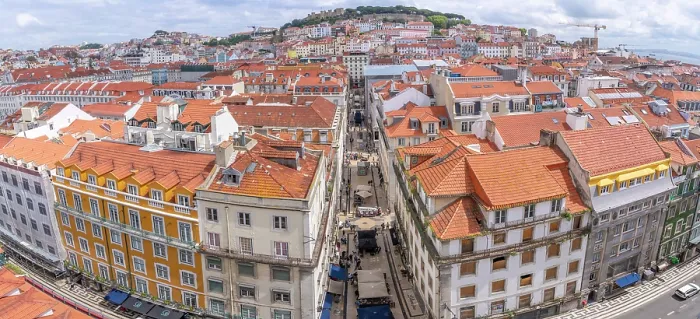 Framed Print : View of city skyline from Santa Justa Lift on a sunny day, Lisbon, Portugal, Europe Framed Print : View of city skyline from Santa Justa Lift on a sunny day, Lisbon, Portugal, Europe